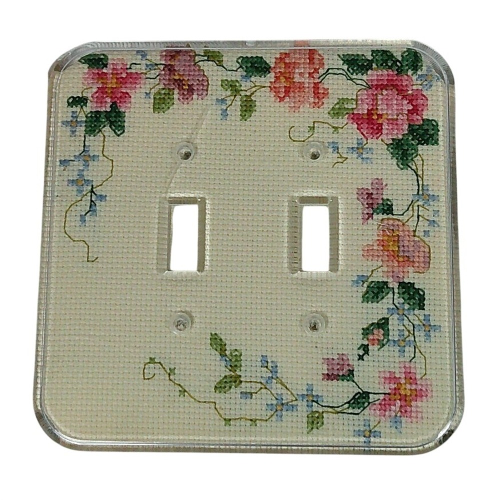Floral Embroider Cross Stitch Light Switch Cover Cream Double Toggle Needlepoint